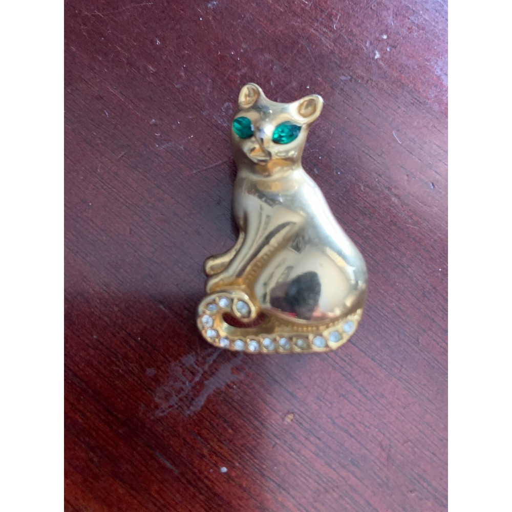Gold Tone Cat Green Rhinestone Eyes and Clear Rhinestone Tail Pin Brooch